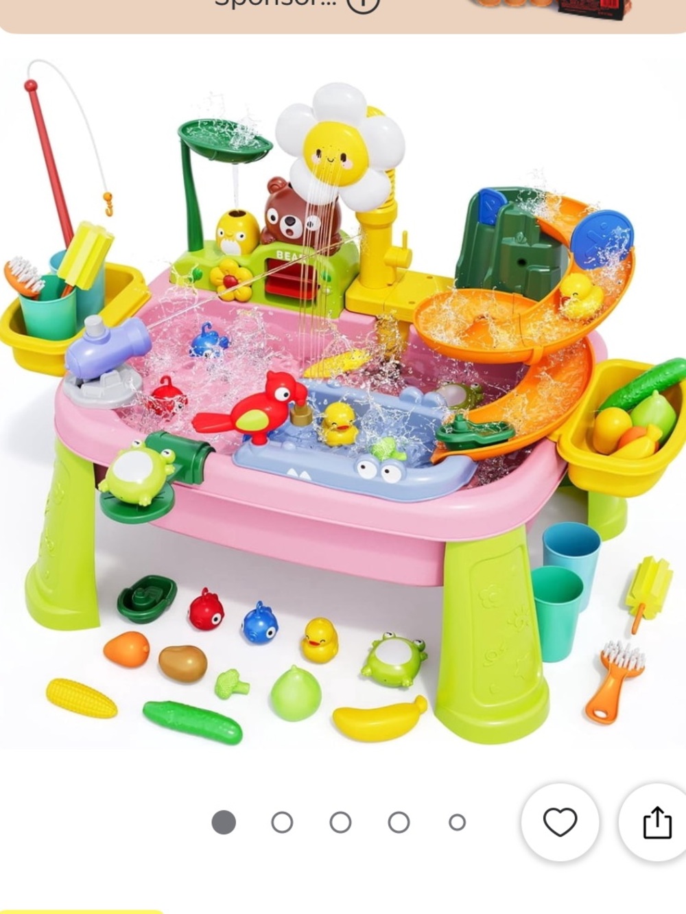 Kids Water Play Table with Slide and Fishing Toys - Pink/Green